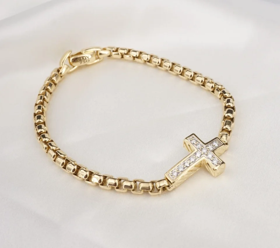 David Yurman 18k Diamond Cross Station Bracelet Yellow Gold 9" 5mm BG1154