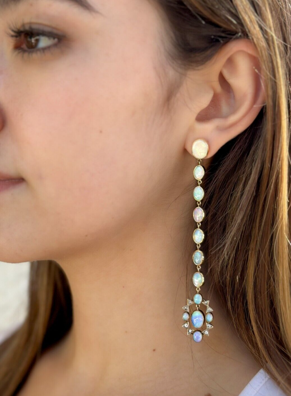 Antique Victorian 14k Gold Diamond Opal Earrings 10 ctw Dusters 4" shown worn