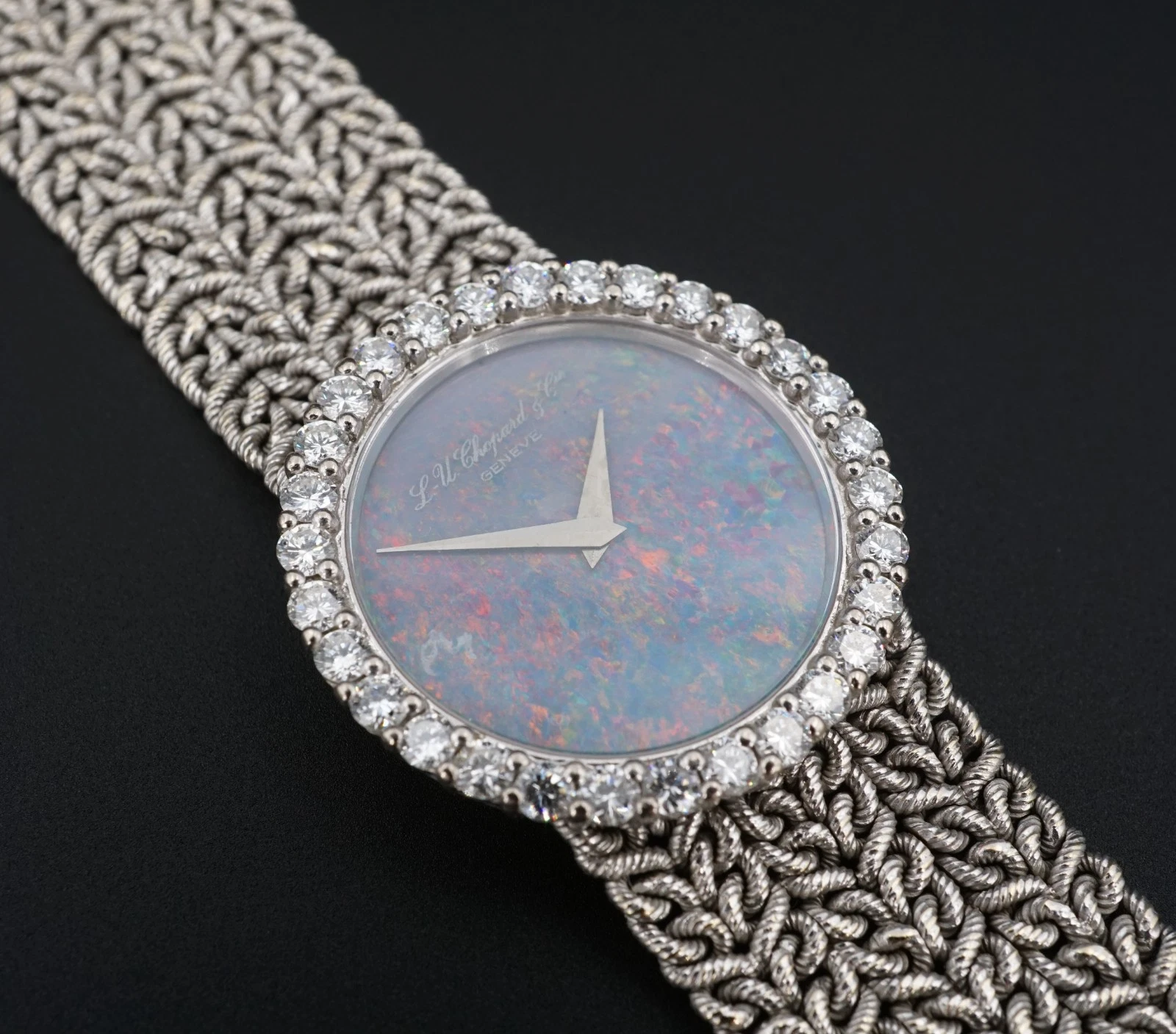 Vtg Chopard 18k Gold Black Opal Diamond Bezel Woven Cocktail Watch 27mm, view 3