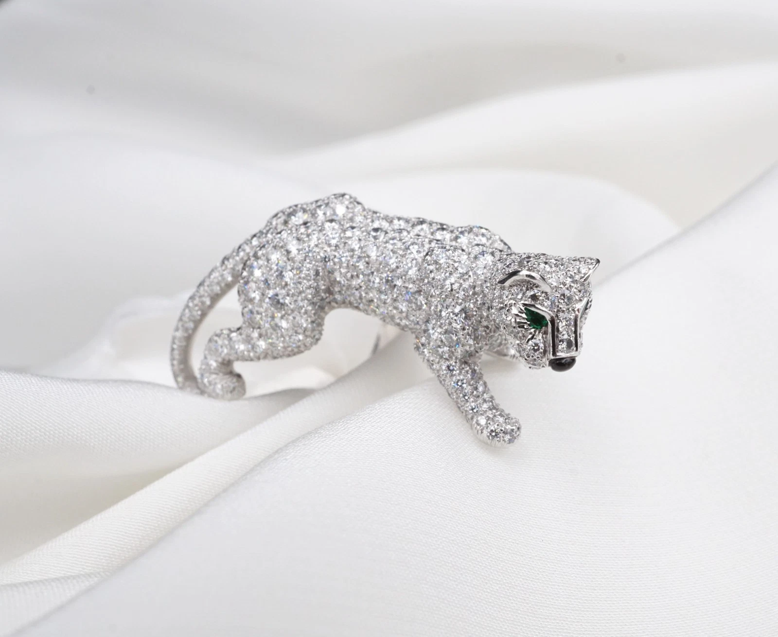 Vintage 18k Panthere De Cartier Diamond Emerald Onyx Walking Panther Ring, view 6