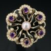 Vtg 14k Yellow Gold Amethyst Seed Pearl Sunburst Scroll Pin Brooch 1.4", view 1