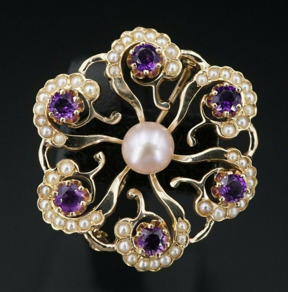 Vtg 14k Yellow Gold Amethyst Seed Pearl Sunburst Scroll Pin Brooch 1.4" OG334