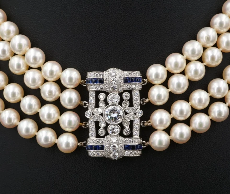Antique Platinum 4 Strand Pearl Necklace Diamond Sapphire 18" Art Deco, view 3