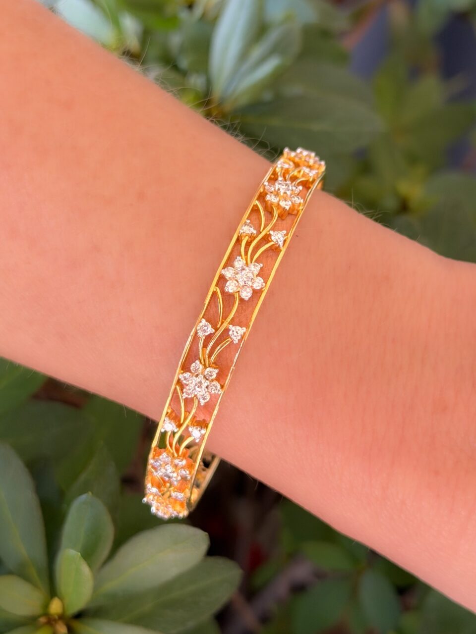 18k Diamond Bangle Bracelet Yellow Gold 3 carats Floral 7.5" shown worn