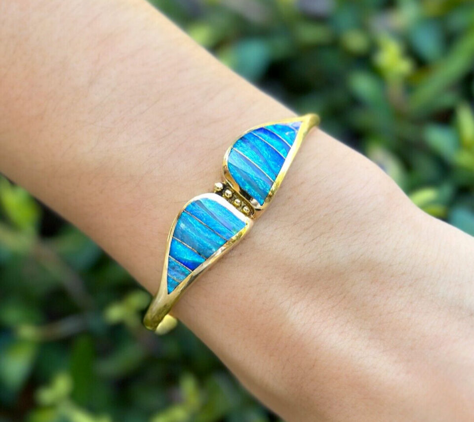 Natural Black Opal Inlay Cuff Bracelet Designer Lisa Mele 18k Gold shown worn