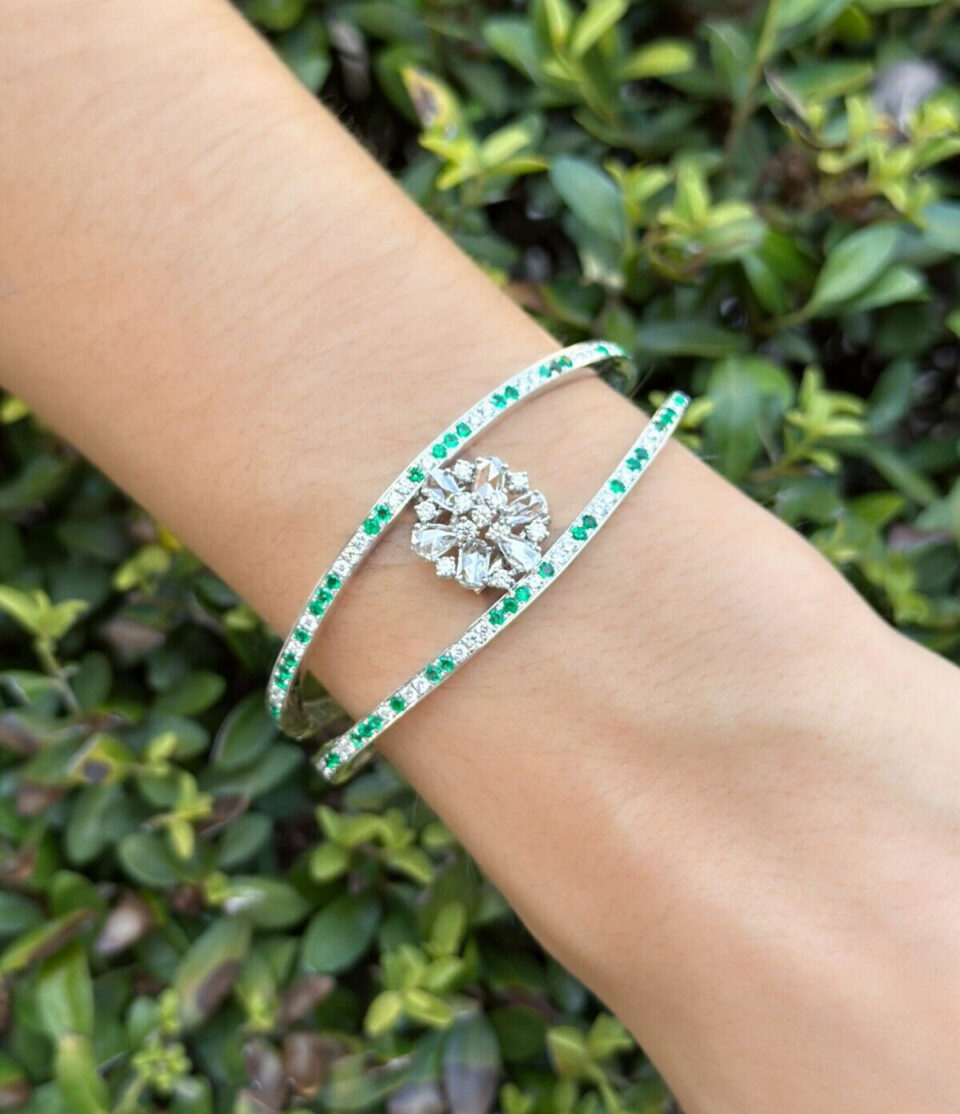 18k White Gold 4.5 carat Diamond Emerald Kick Cuff Bracelet 6.25" shown worn