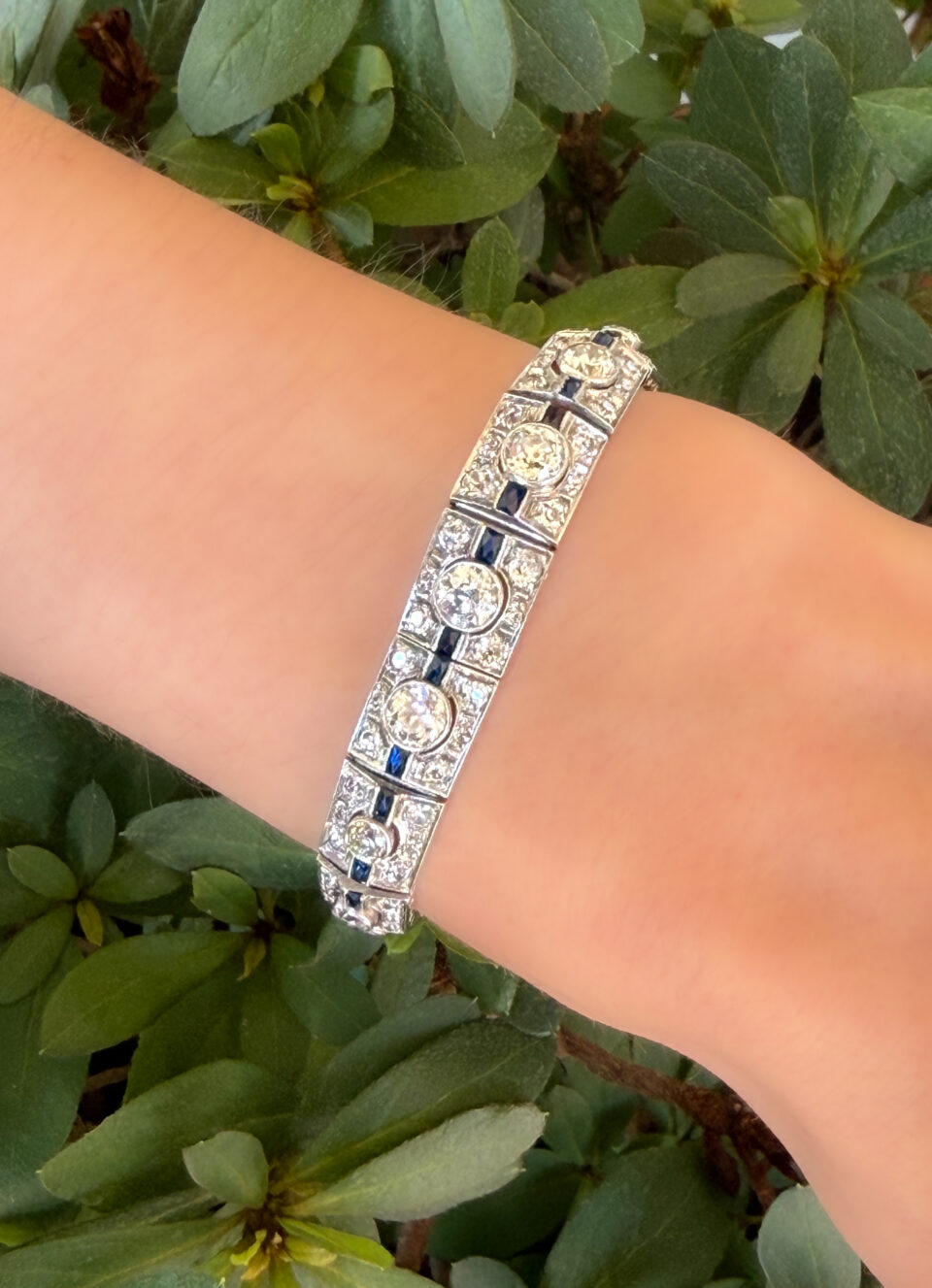 Art Deco Sapphire Diamond Bracelet Platinum Antique 9 carats 7.25" shown worn