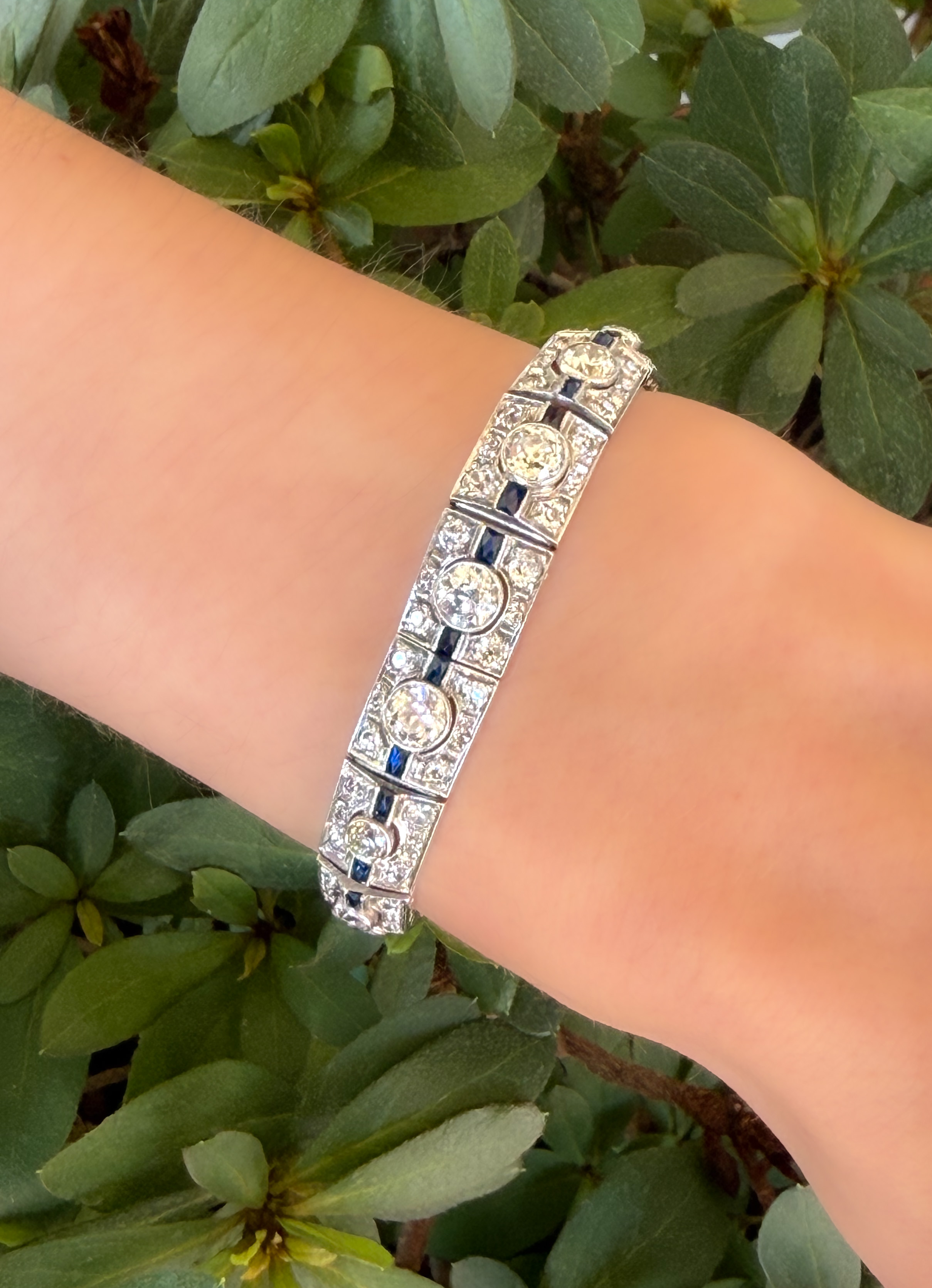Art Deco Sapphire Diamond Bracelet Platinum Antique 9 carats 7.25" shown worn