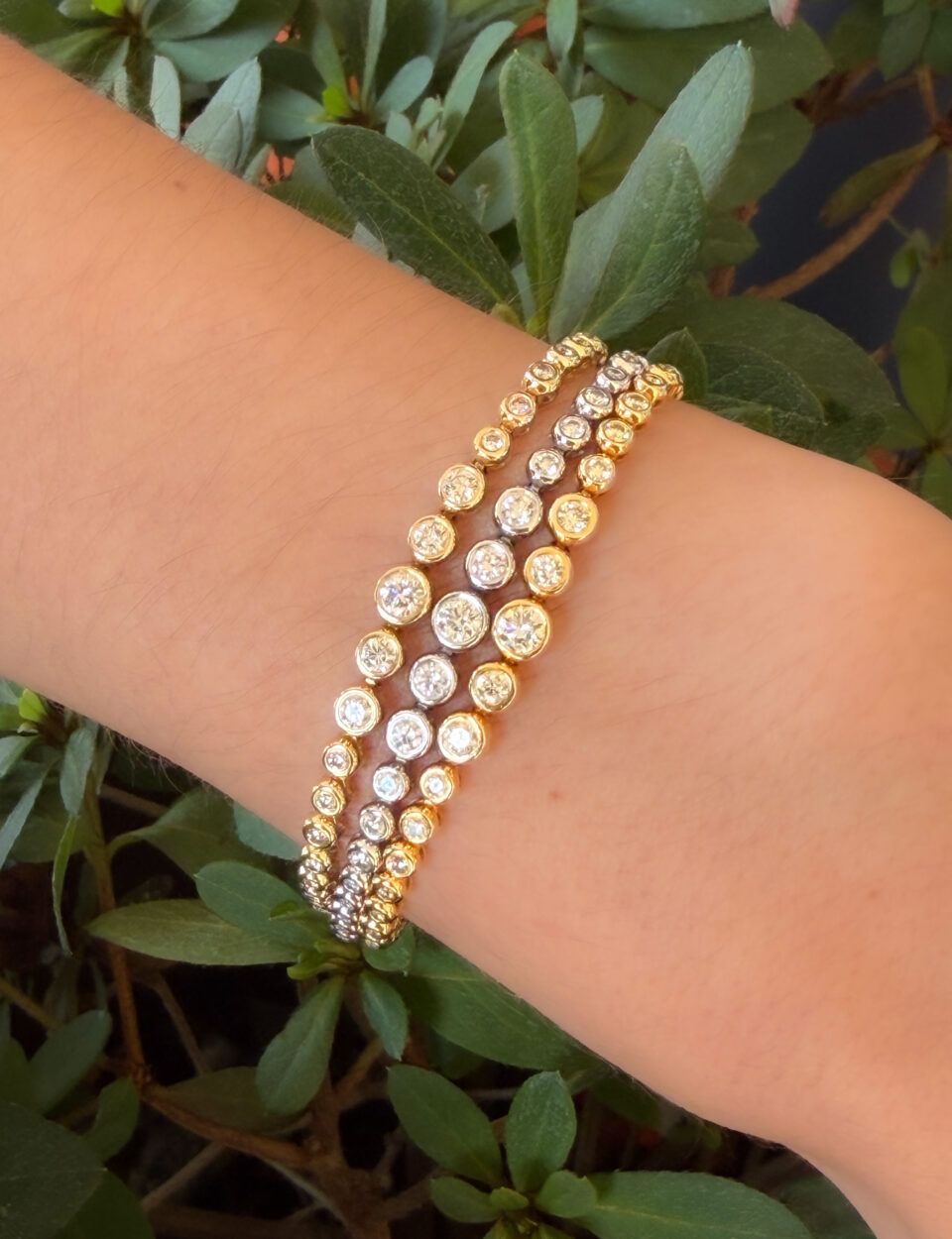 14k Diamond Tennis Bracelet 3 ctw Tri-Gold Natural 6" Bezel 3-Row shown worn