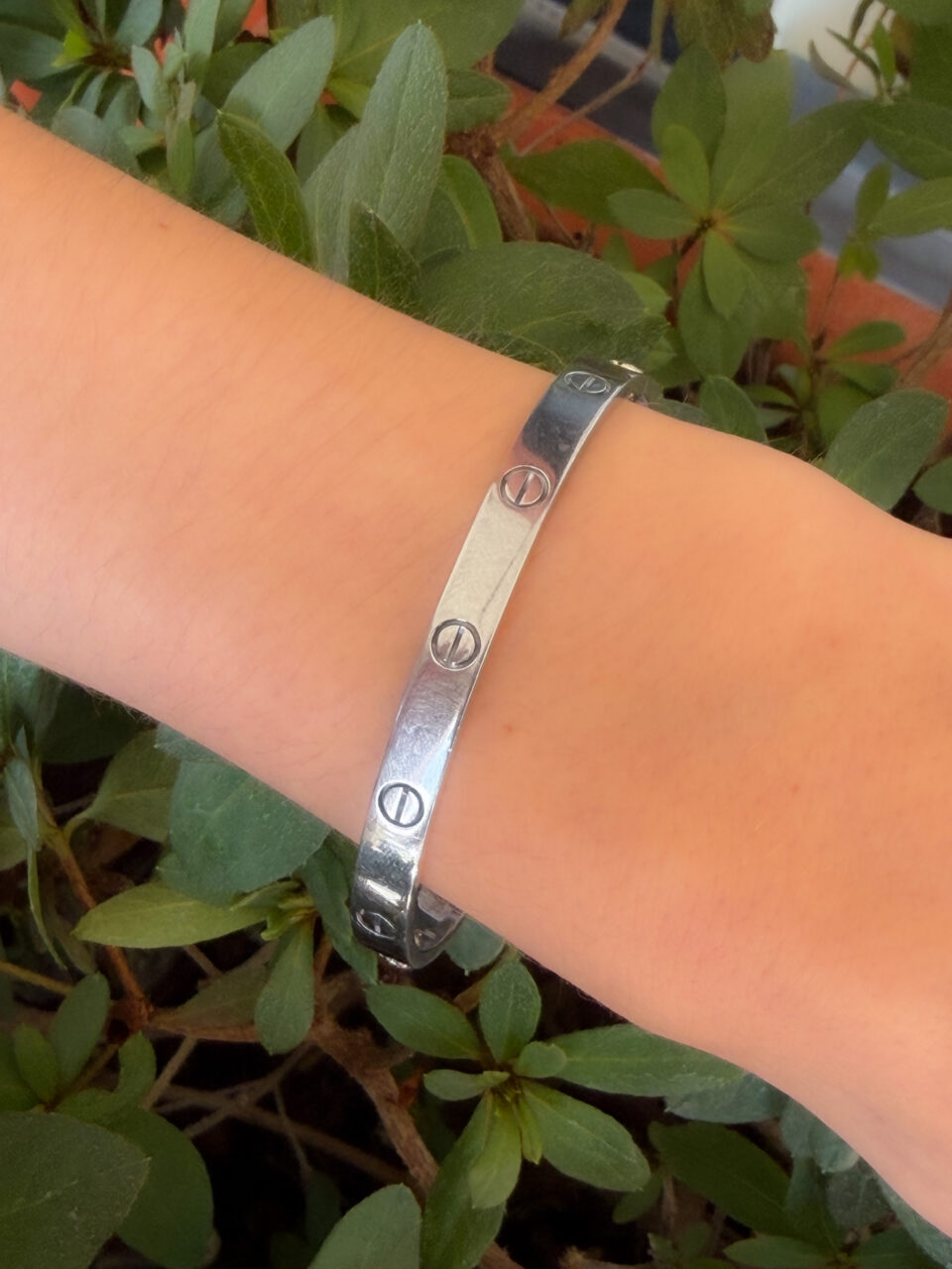 Cartier LOVE Bracelet Classic 18k White Gold Sz 18 Screwdriver Pouch Cert shown worn