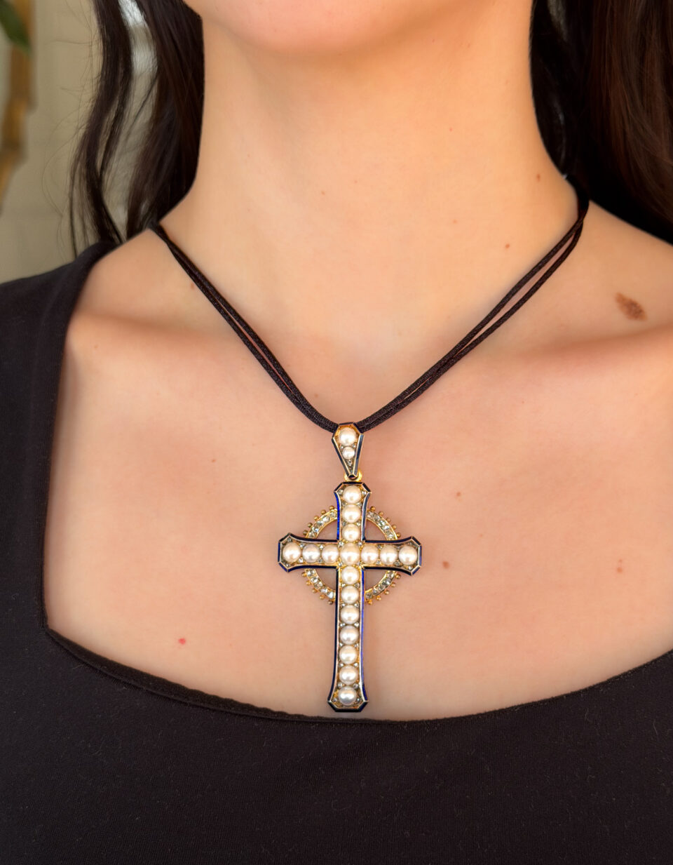 1870's Henry Tessier 18k Natural Pearl Diamond Enamel Cross Pendant w Box, view 2
