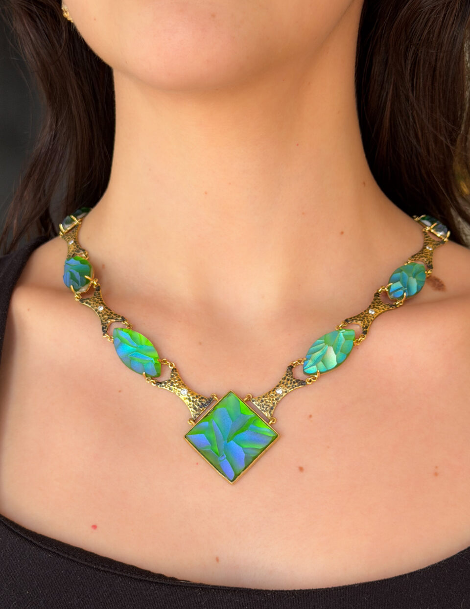 Vintage 18k Carved Blue Favrile Glass Diamond Suite 1.4ctw Yellow Gold shown worn