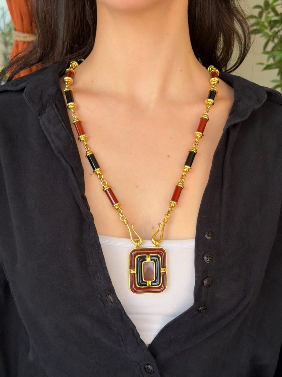 Tiffany Co 18k Carved Carnelian Onyx Inlay Pendant Necklace 28" Rare shown worn