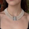 Antique Platinum 4 Strand Pearl Necklace Diamond Sapphire 18" Art Deco shown worn