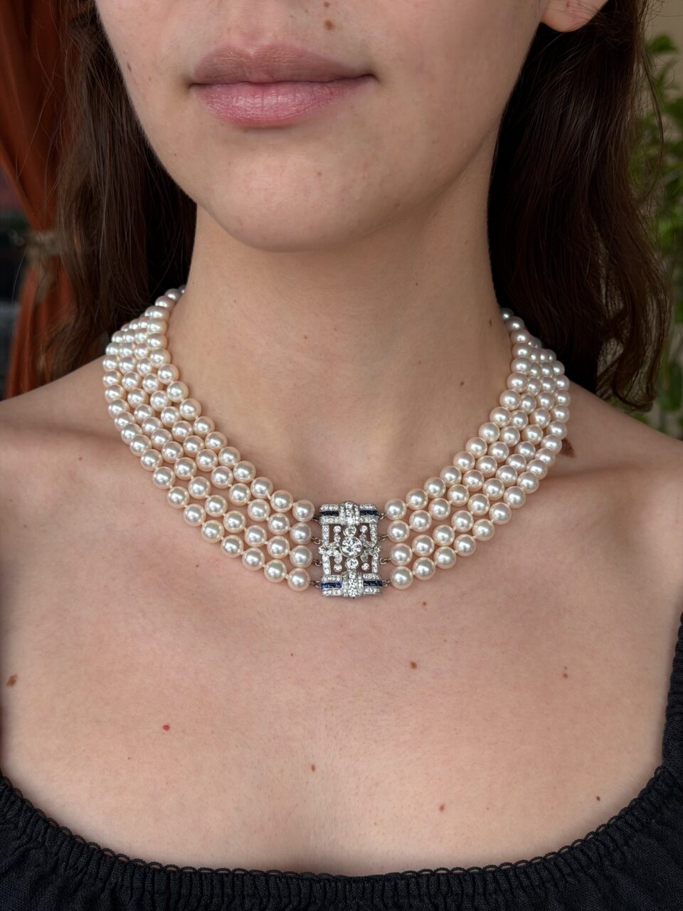 Antique Platinum 4 Strand Pearl Necklace Diamond Sapphire 18" Art Deco shown worn