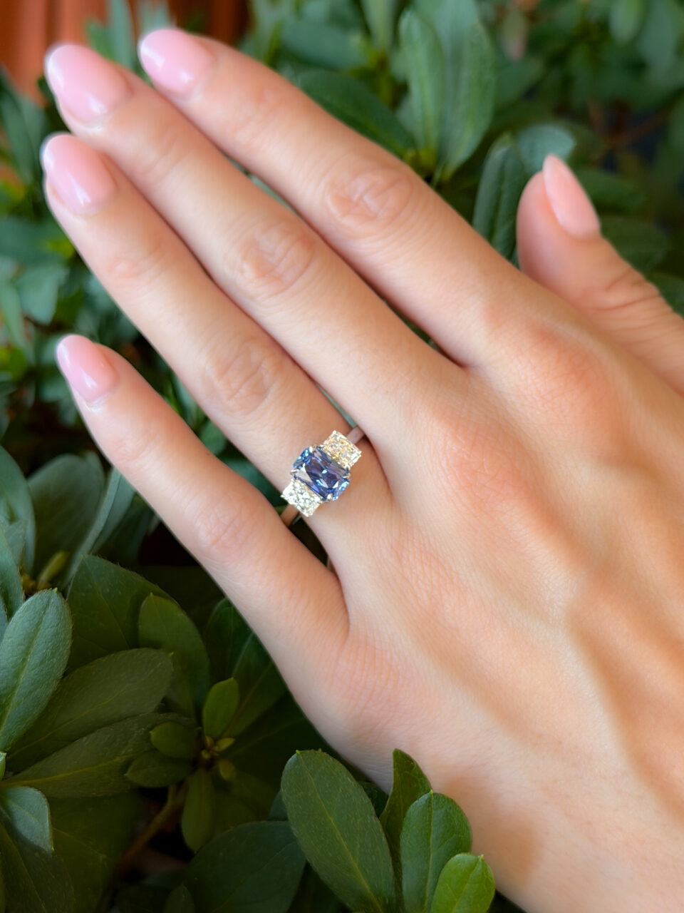 Ceylon Sapphire Diamond Ring 3ctw GIA Platinum No Heat 3 Stone Size 8.25 shown worn