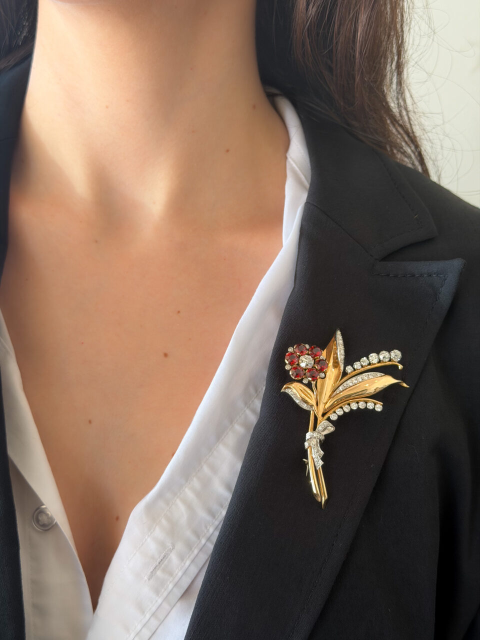 Vintage Platinum 18k Gold 9.5cttw Garnet Diamond OEC Floral Pin Brooch 3" shown worn
