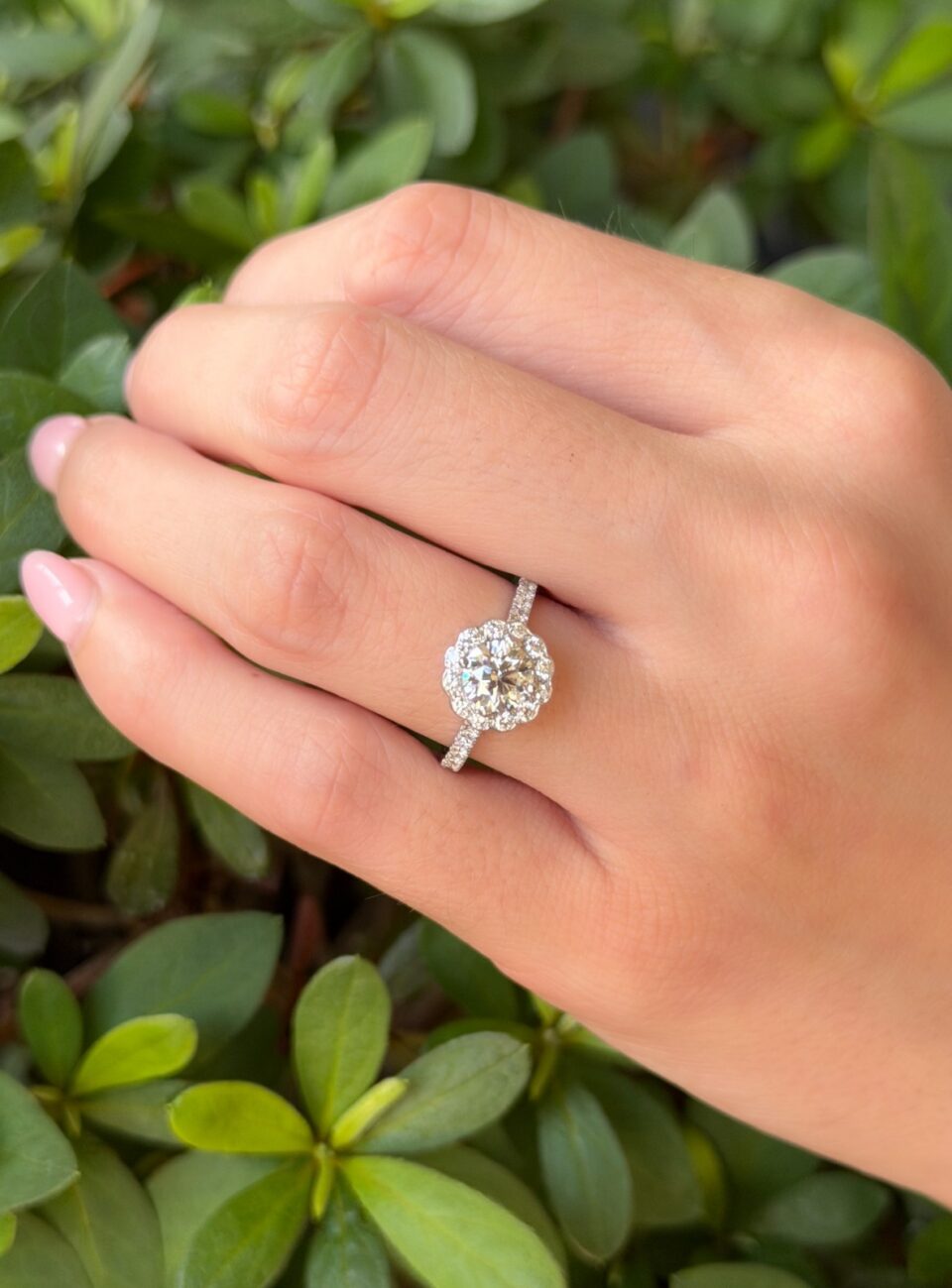 14k White Gold 1.01 carat Diamond Engagement Ring Halo J SI2 Size 6.5 GIA shown worn