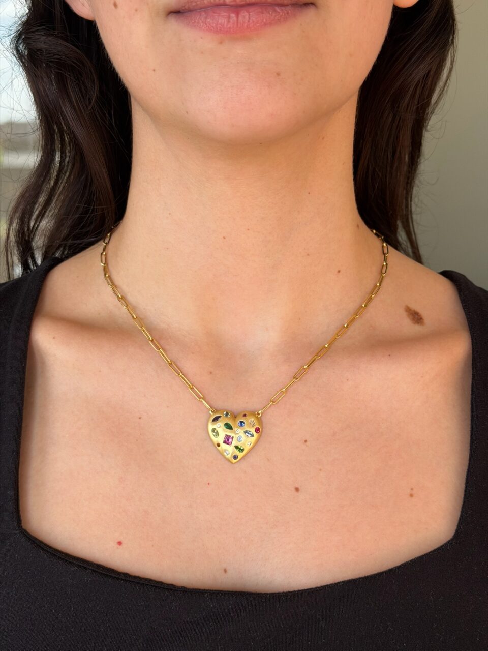Designer Lauren K 18k Yellow Gold Heart Cluster Gem Pendant Necklace 18" shown worn