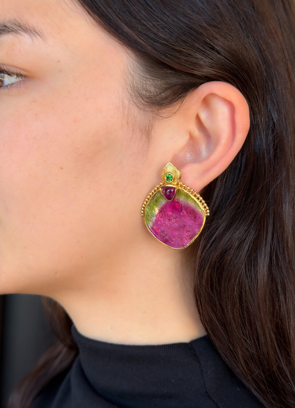 Watermelon Tourmaline Clip Earrings Artisan 18k Yellow Gold 1.8", view 3