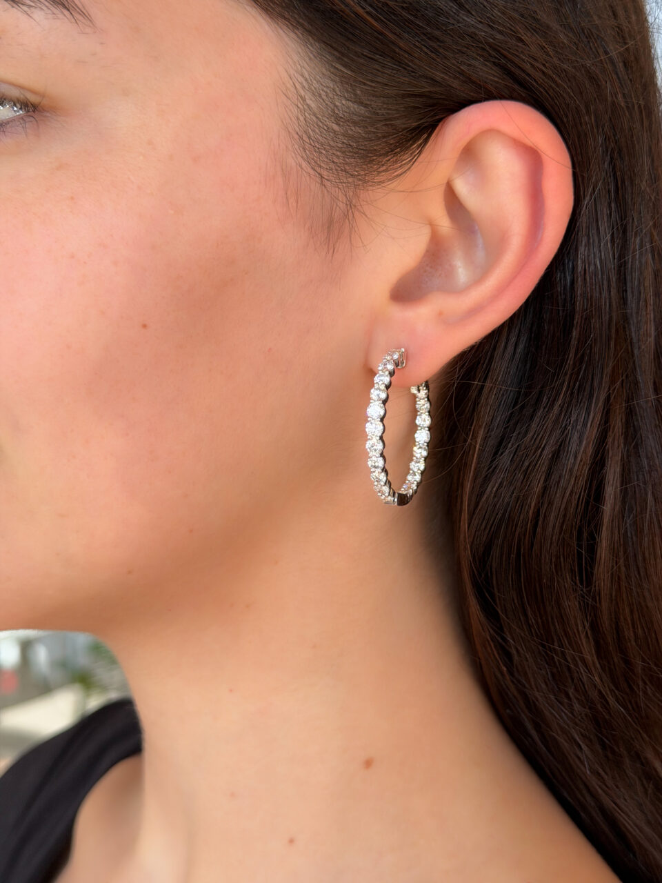 Diamond Inside Out Hoop Earrings 14k White Gold 6 carat Natural 1.3" shown worn
