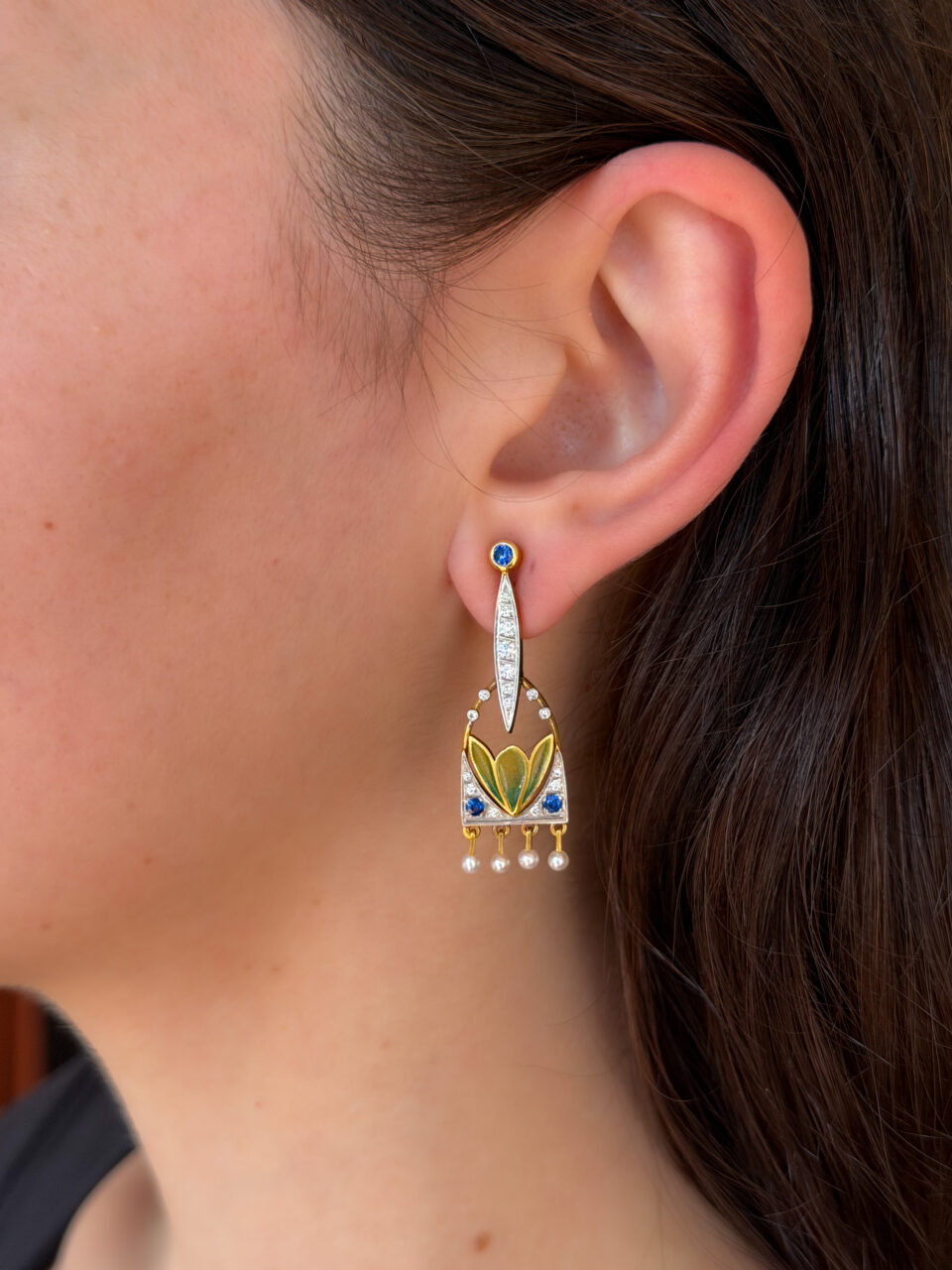 Masriera 18k Earrings Natural Sapphire Diamond Enamel Plique a Jour shown worn