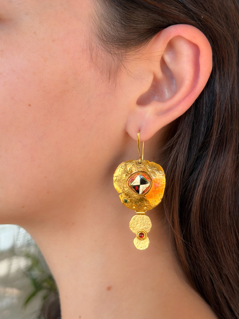 Colette Denton 20k Gold Tourmaline Earrings Enamel Artisan 1996 2.5" #14 shown worn