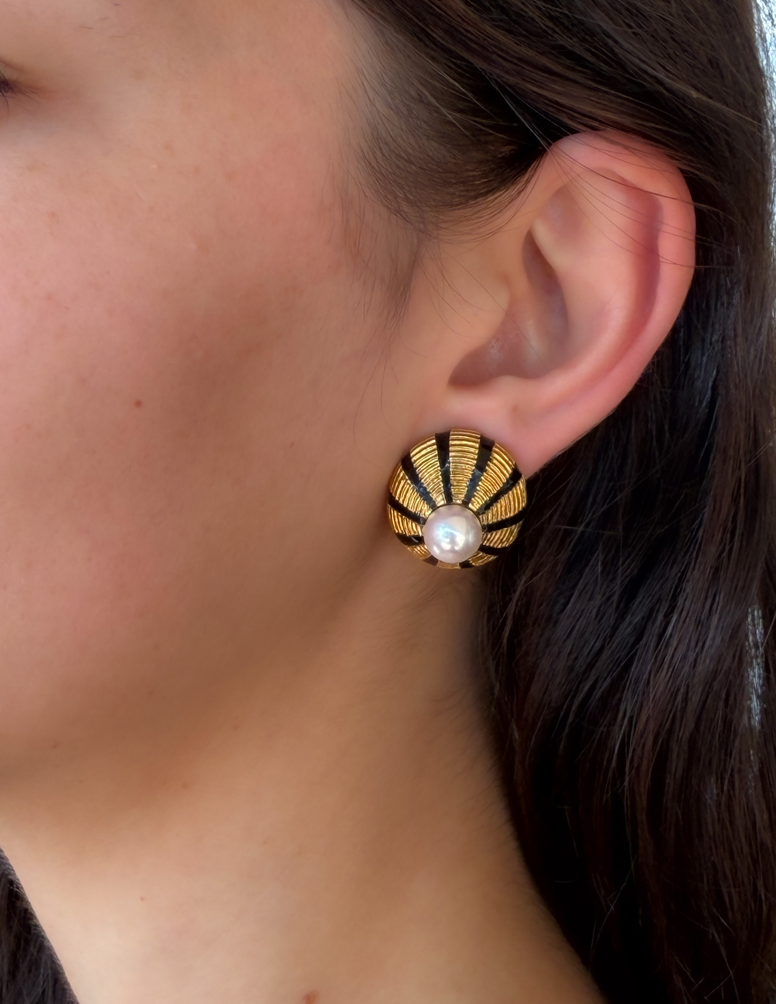 Tiffany Schlumberger Earrings 18k Gold Taj Mahal Pearl Enamel 0.9" 24g shown worn