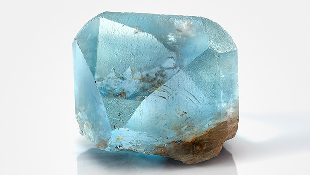 A fine 925 ct crystal that was formerly displayed in the Texas State Capitol and sat on the governor’s desk in 1969 when the legislature adopted blue Texas topaz as the state gem. This specimen was found in 1904 and now resides in the Hamman Gem and Mineral Gallery in the Department of Earth and Planetary Sciences at the University of Texas at Austin (catalog no. B0344).