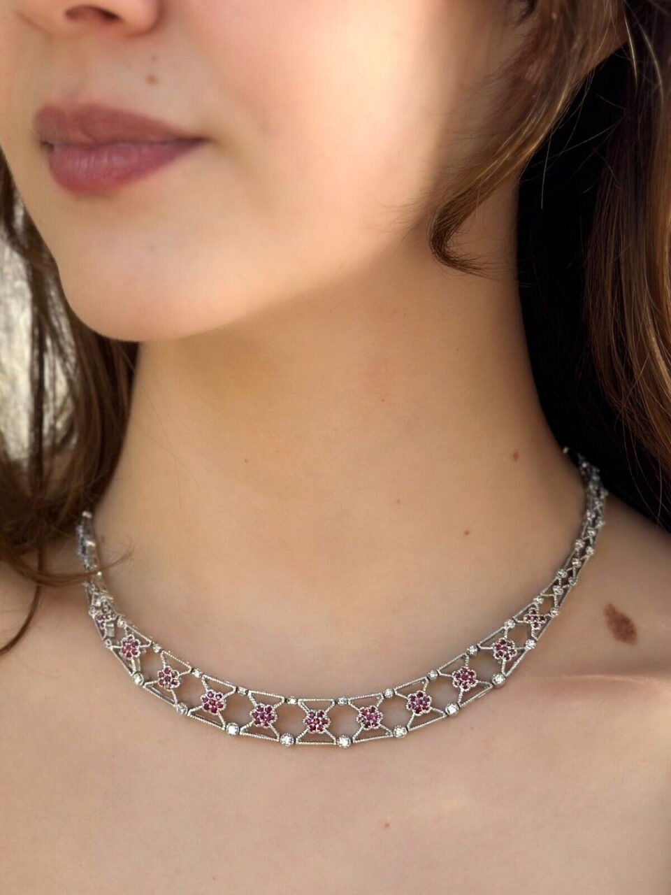 Vintage 14k White Gold Diamond Ruby Necklace 16" Collar Floral 3ctw shown worn