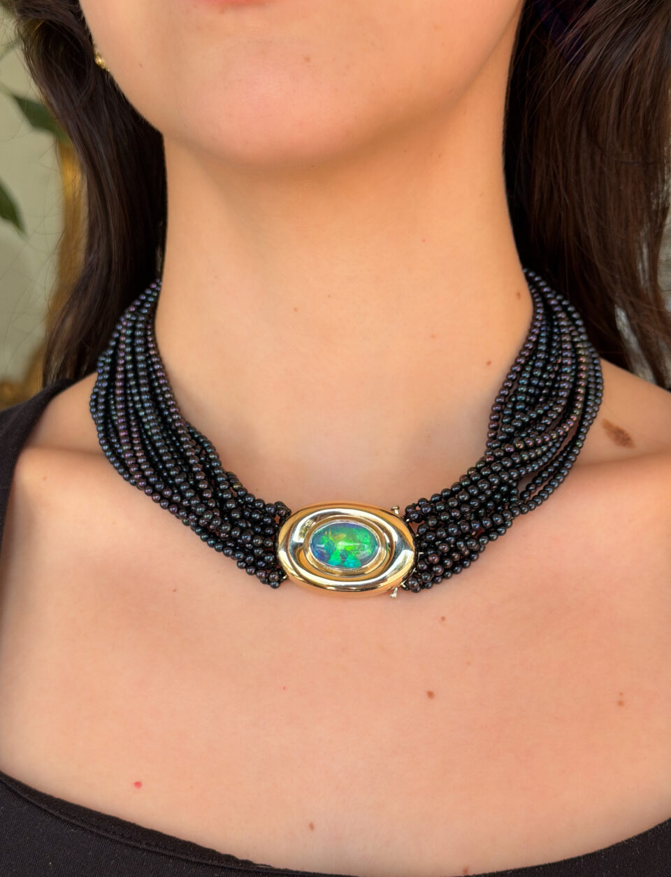 Rare 18k 1980 Paloma Picasso 7ct Black Opal Torsade Necklace Tiffany Co shown worn