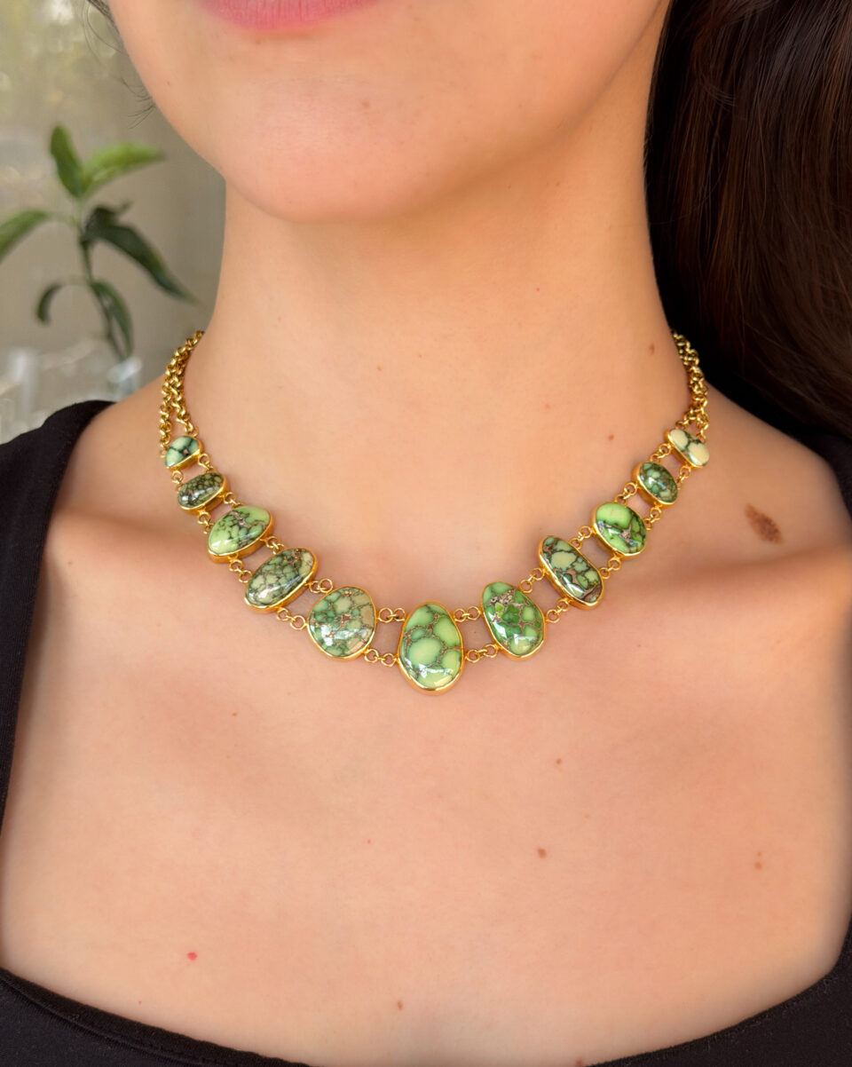 Santa Fe Damele Mine Turquoise Station Necklace 18k Gold 15" Signed MSM shown worn