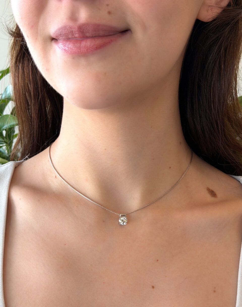 18k White Gold Diamond Pendant Necklace 26" Bolo Signed Designer shown worn