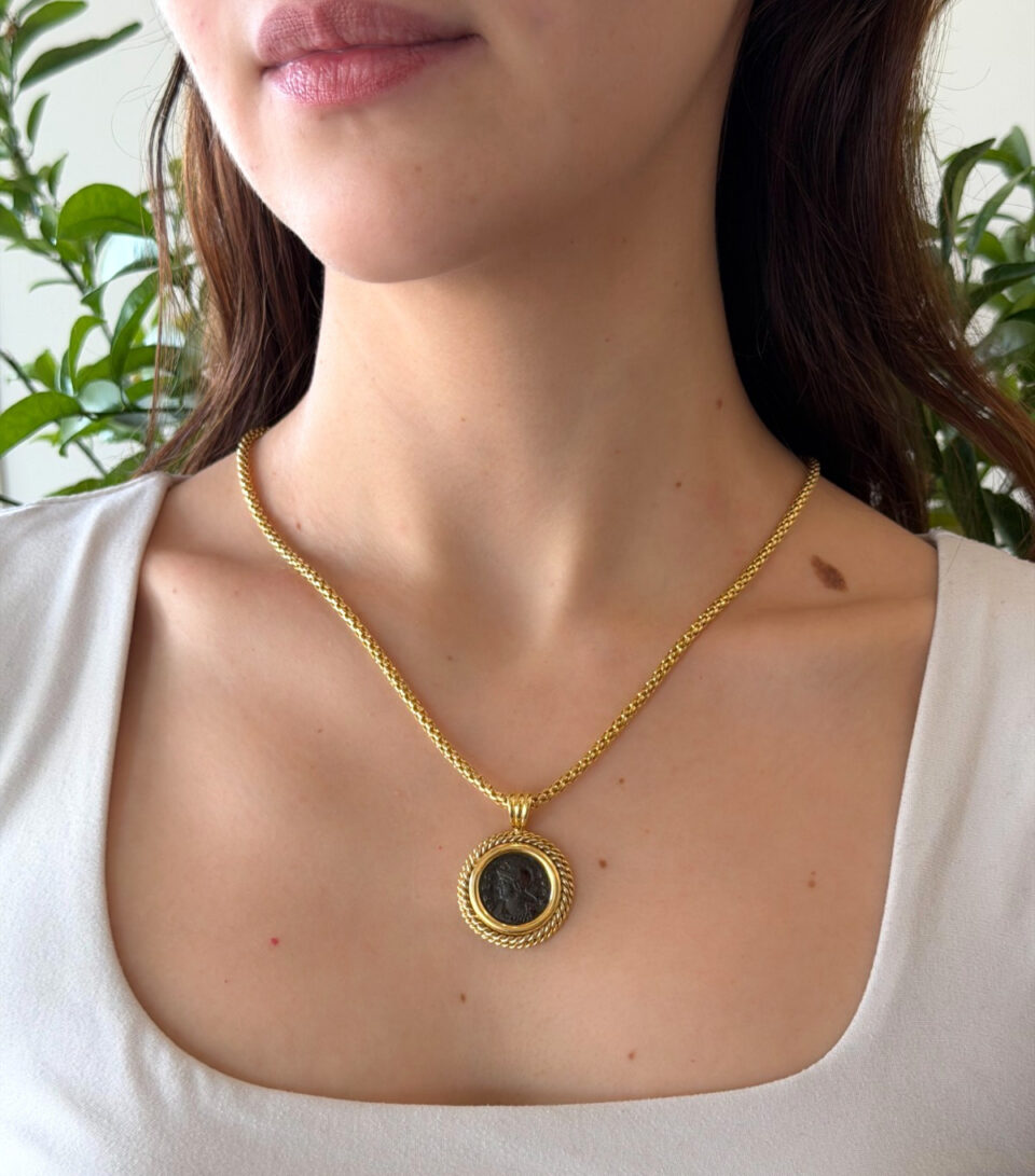 18k Bronze Roman Coin Pendant Necklace Yellow Gold 18" Constantine I FOPE shown worn