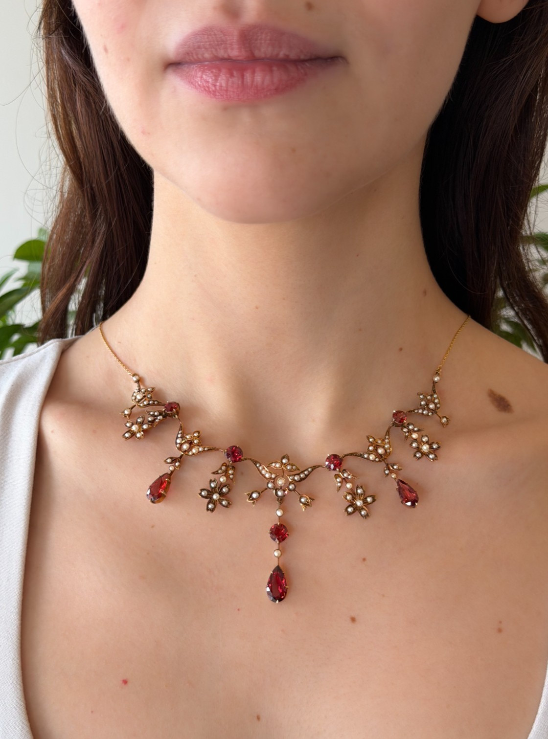 Antique 14K Gold Garnet Seed Pearl Garland Necklace Late Victorian 14.5" shown worn