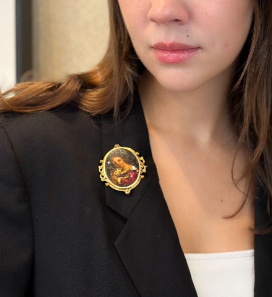 Victorian Miniature Portrait Pin Brooch Lady and Cat French 14k Gold 2" shown worn