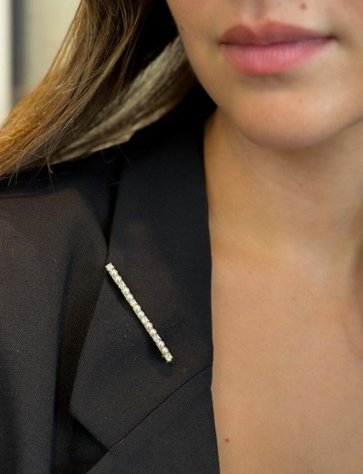 Vintage 18k Diamond Pearl Bar Pin Brooch Yellow Gold 1/2 carat 2" shown worn, view 3