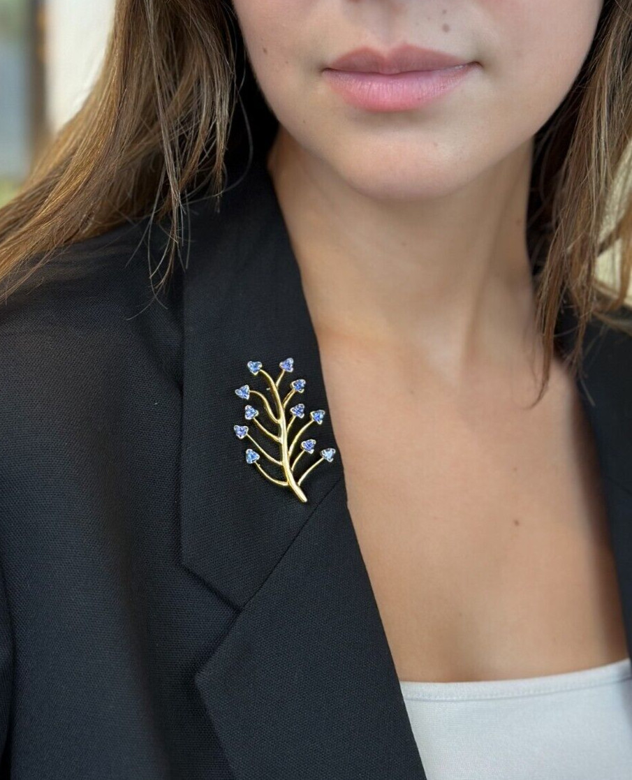 Tanzanite Tree of Life Pin Brooch 14k Yellow Gold 2" Signed HOT shown worn