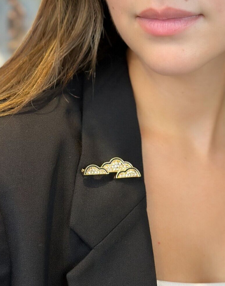 Vintage OJ Perrin 18k Yellow Gold Diamond Enamel Cloud Brooch France 1.5" shown worn