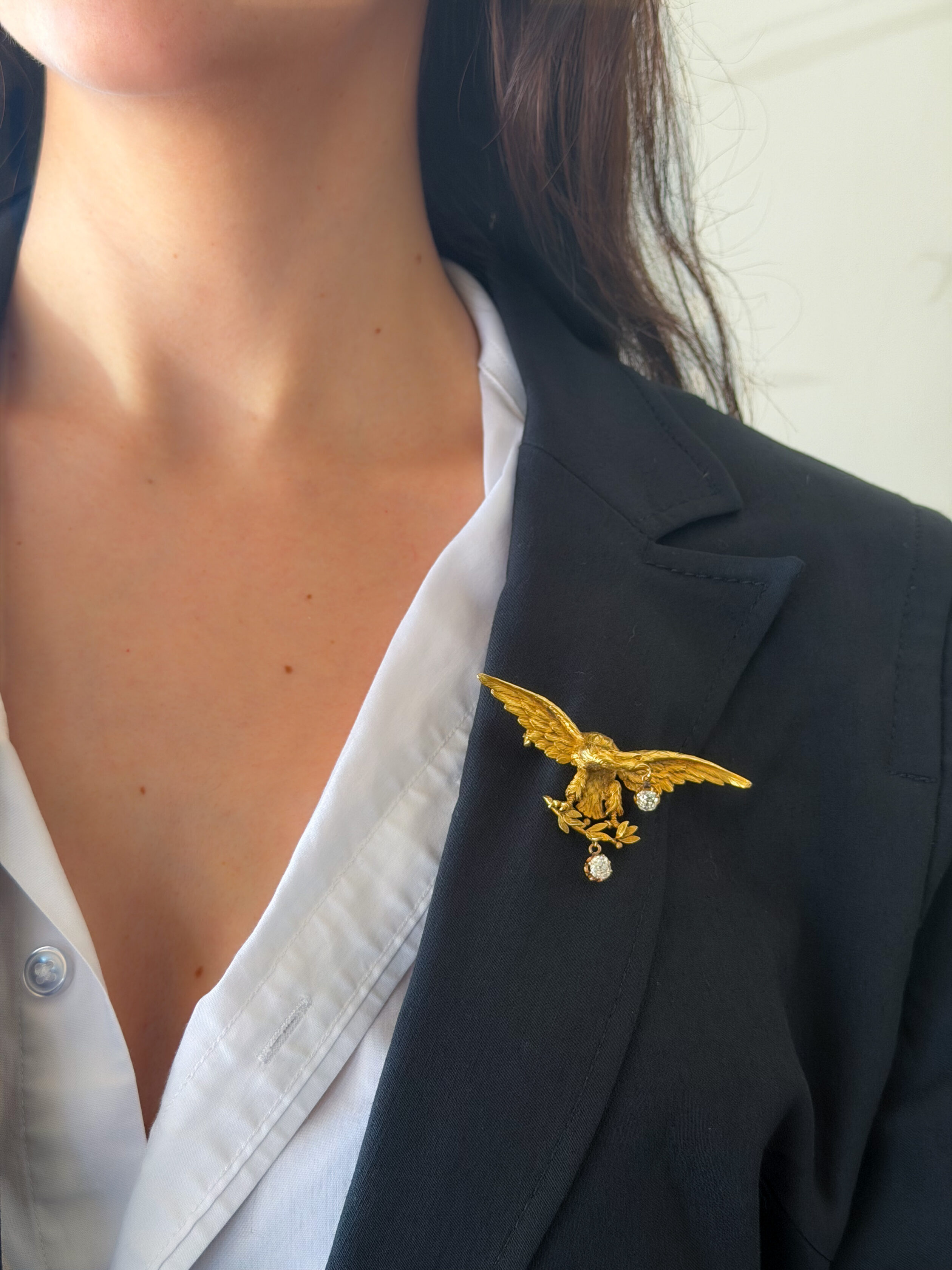 Impressive Antique French Eagle 18k Gold 1ct Mine Cut Diamond 3D Brooch 3" shown worn