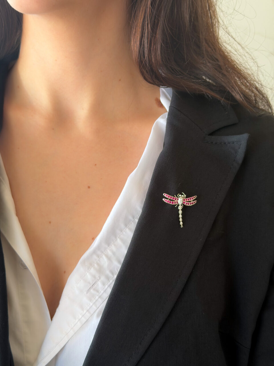 Tiffany & Co Enchant Dragonfly Platinum Ruby Diamond Pendant Brooch shown worn