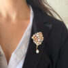 Designer Nadine Leo Natural Pearl Cluster Diamond Brooch 3" 18k Gold shown worn