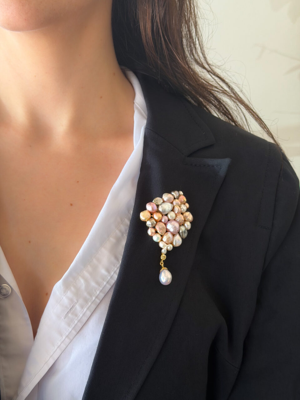 Designer Nadine Leo Natural Pearl Cluster Diamond Brooch 3" 18k Gold shown worn