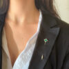 Platinum Colombian Emerald Natural OMC Diamond Stick Pin Antique Hat Pin shown worn