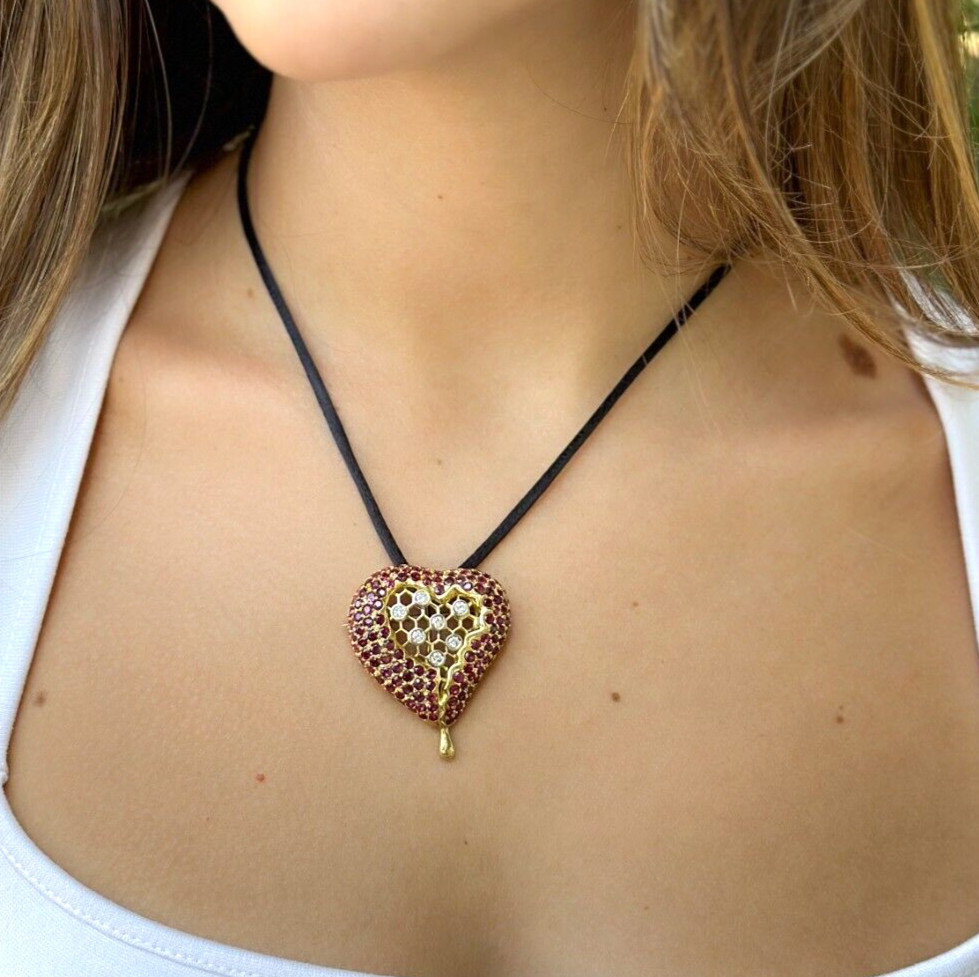 Henryk Kaston for Salvador Dalí Ruby and Diamond Honeycomb Heart Brooch shown worn