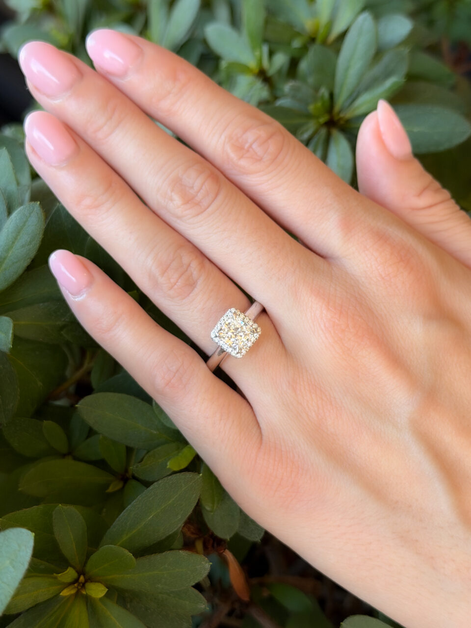 14k White Gold A Jaffe 1.5ct Radiant Cut Diamond Engagement Ring Size 6 shown worn