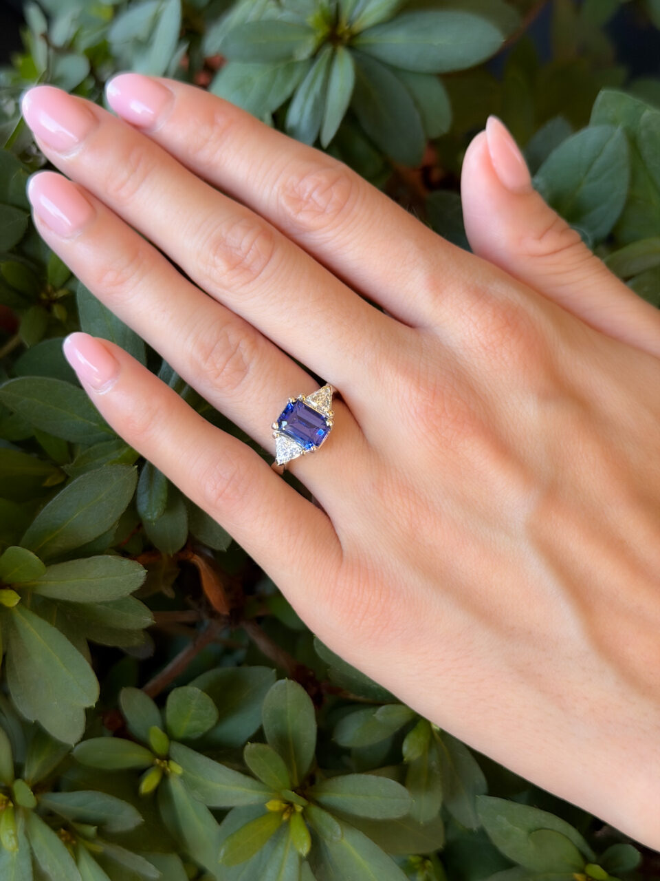 Tanzanite Diamond Cocktail Ring 14k White Gold 3-Stone 3ct Band Size 6 shown worn