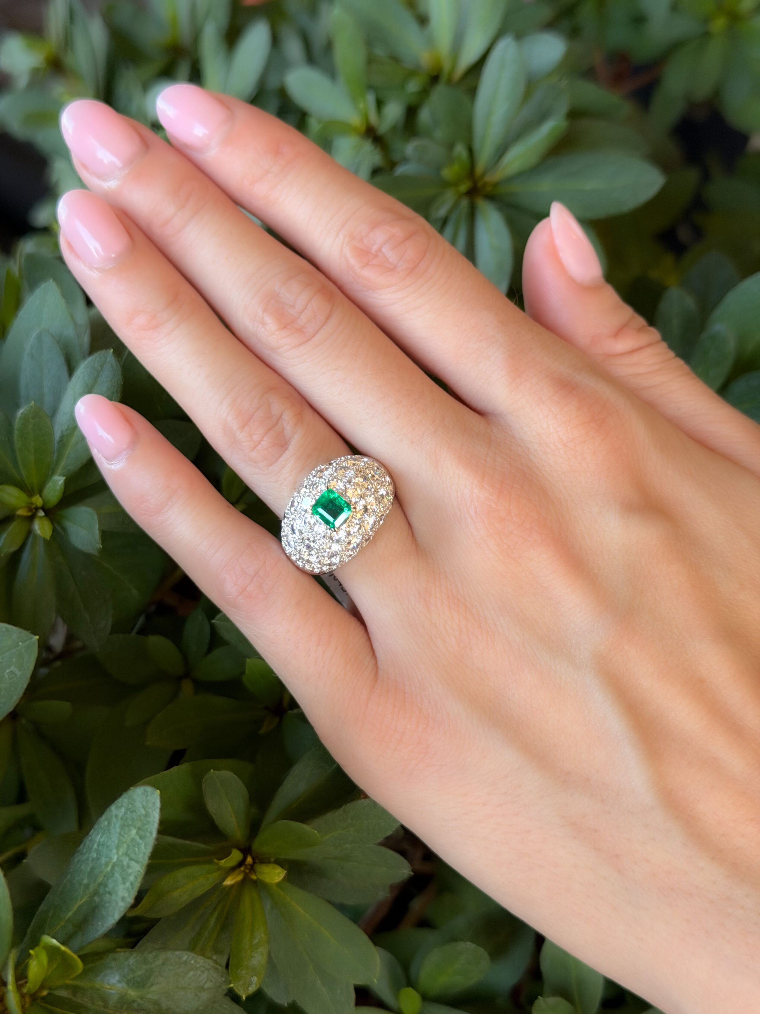 18k Pave Diamond Emerald Dome Ring White Gold 4ctw Sz 7 French Statement shown worn