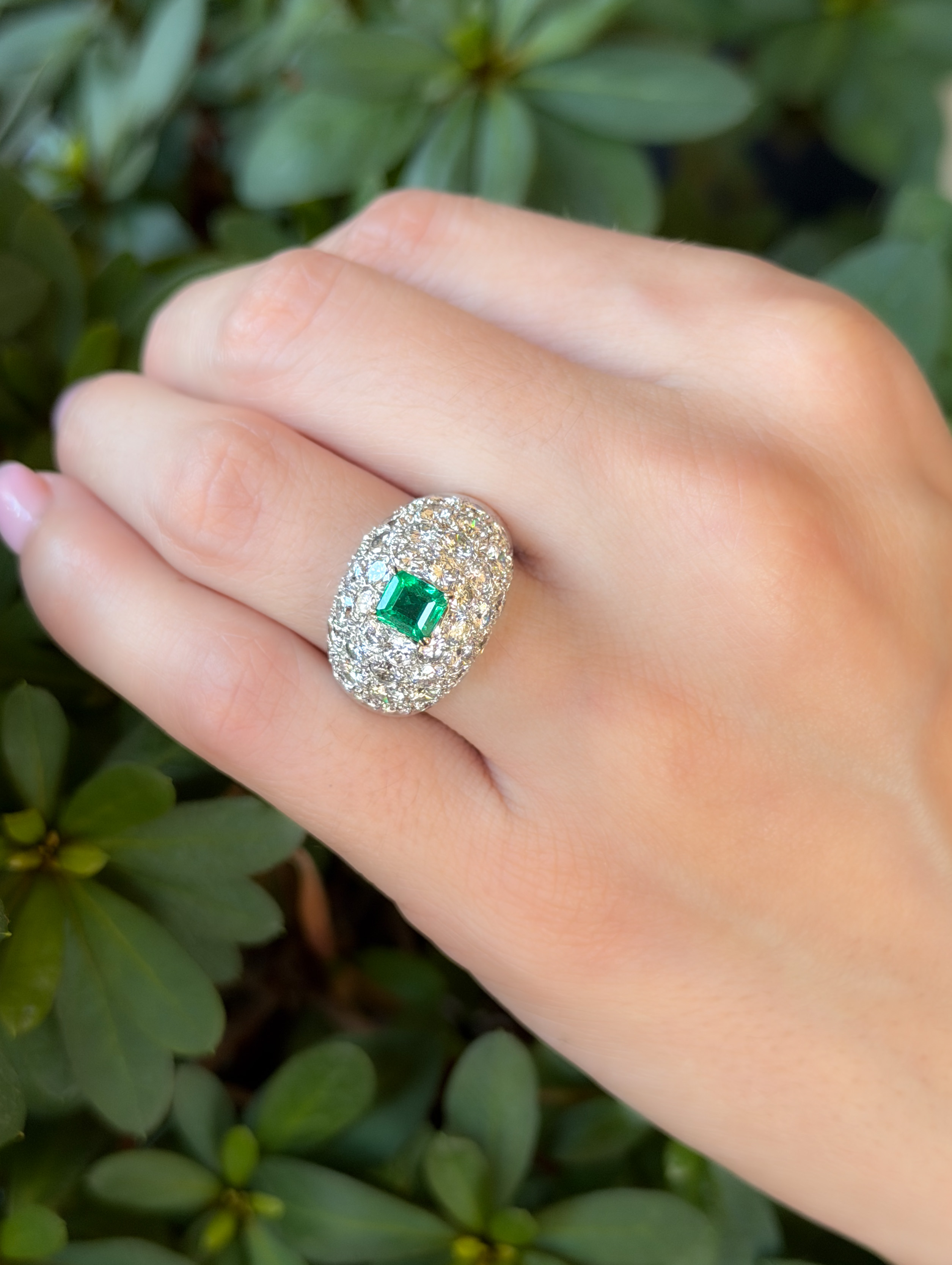 18k Pave Diamond Emerald Dome Ring White Gold 4ctw Sz 7 French Statement, view 3
