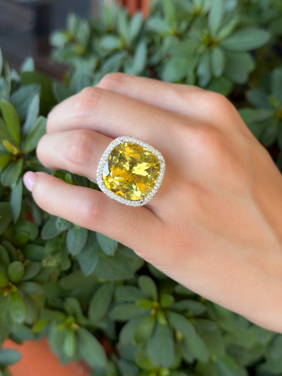 18k Palmiero 20ct Green Beryl Yellow Diamond Halo Cocktail Ring Size 7.5 shown worn